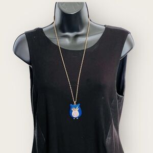Large blue enamel owl pendant gold tone with matching necklace